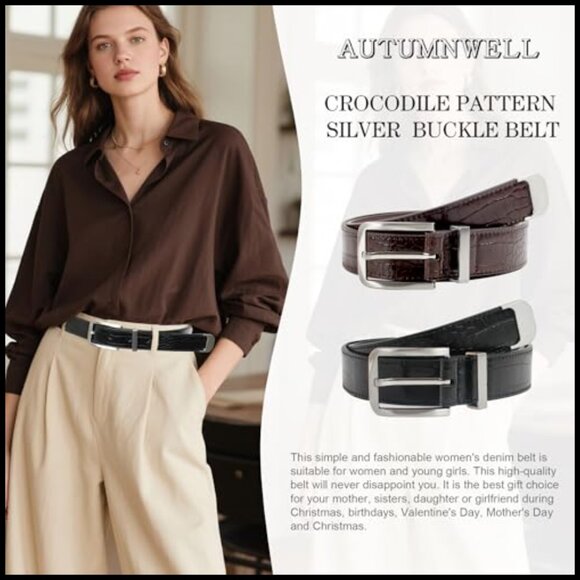 Faux Leather Crocodile Grain Wide Belt with Silver Buckle main image 4